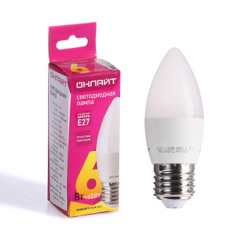 Лампа светодиодная ОНЛАЙТ, Е27, свеча C37, 6 Вт, 450 Лм, 2700 К, теплый белый