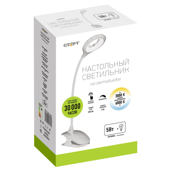 Светильник настольн. Старт СТ204 (светодиодный 5Вт сенсор вкл, диммер прищепка) белый 220В  *1/12